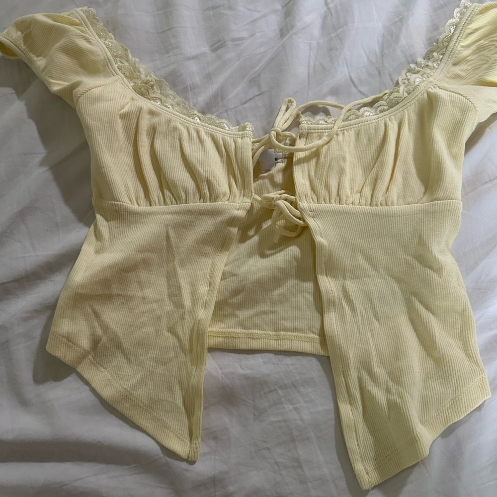 Garage Yellow Puff Sleeve Tie Front Blouse